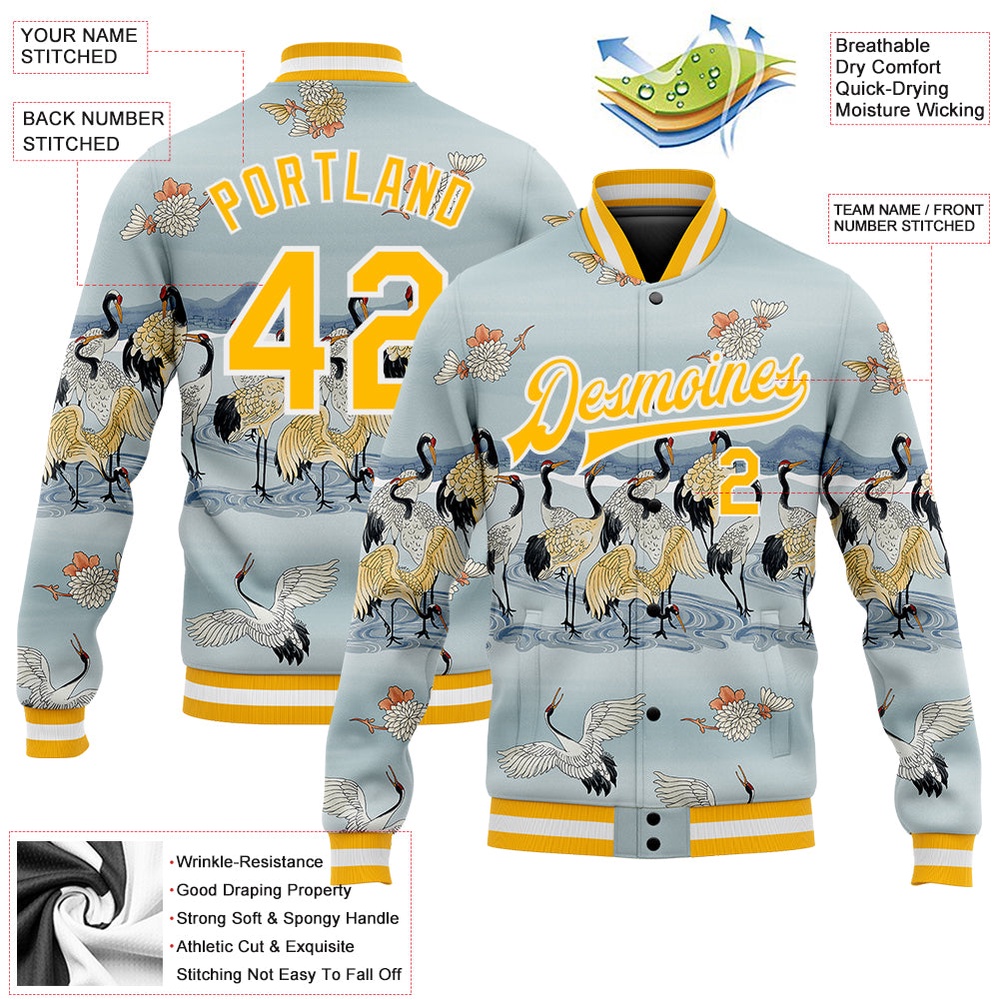 Custom Lakes Blue Gold White Heron 3D Pattern Design Bomber Full Snap Baseball Jacket, Custom Team Jacket Custom Lakes Blue Gold White Heron 3D Pattern Design Bomber Full Snap Baseball Jacket, Custom Team Jacket