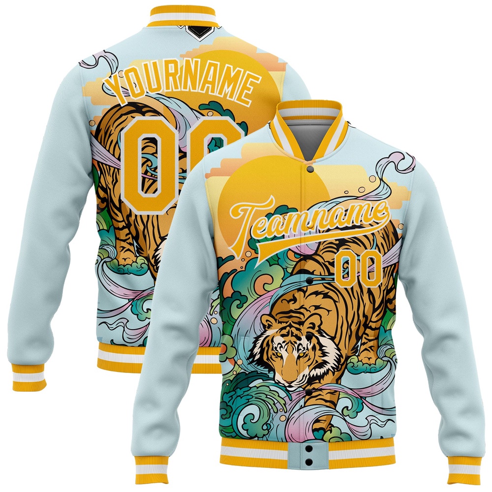 Custom Lakes Blue Gold White Tiger 3D Pattern Design Bomber Full Snap Baseball Jacket, Custom Team Jacket Custom Lakes Blue Gold White Tiger 3D Pattern Design Bomber Full Snap Baseball Jacket, Custom Team Jacket