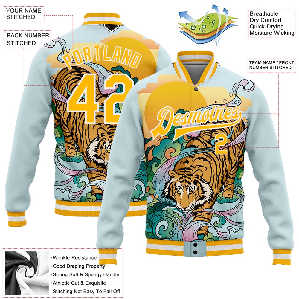 Custom Lakes Blue Gold White Tiger 3D Pattern Design Bomber Full Snap Baseball Jacket, Custom Team Jacket Custom Lakes Blue Gold White Tiger 3D Pattern Design Bomber Full Snap Baseball Jacket, Custom Team Jacket