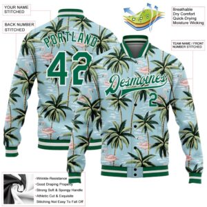 Custom Lakes Blue Kelly Green White Flamingo And Tropical Hawaii Palm Tree 3D Bomber Full Snap Baseball Jacket Custom Team Jacket 2 rmenl7.jpg