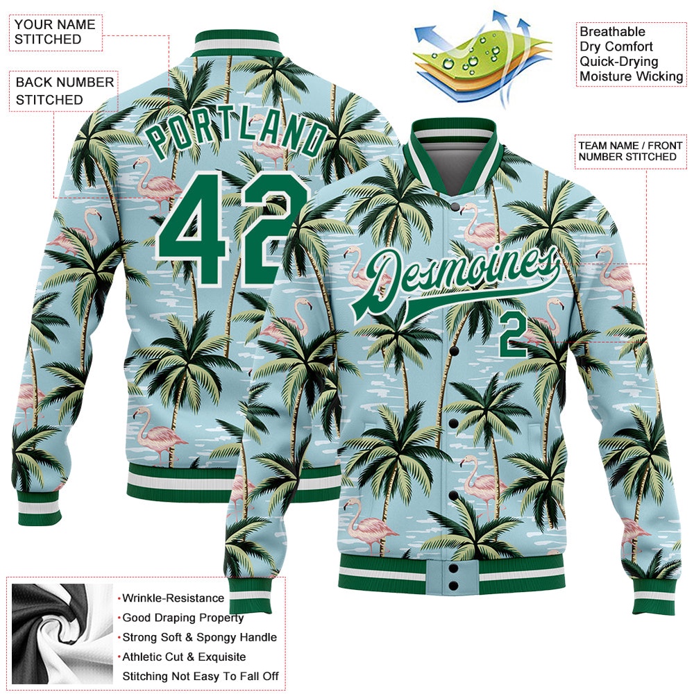 Custom Lakes Blue Kelly Green White Flamingo And Tropical Hawaii Palm Tree 3D Bomber Full Snap Baseball Jacket, Custom Team Jacket Custom Lakes Blue Kelly Green White Flamingo And Tropical Hawaii Palm Tree 3D Bomber Full Snap Baseball Jacket, Custom Team Jacket