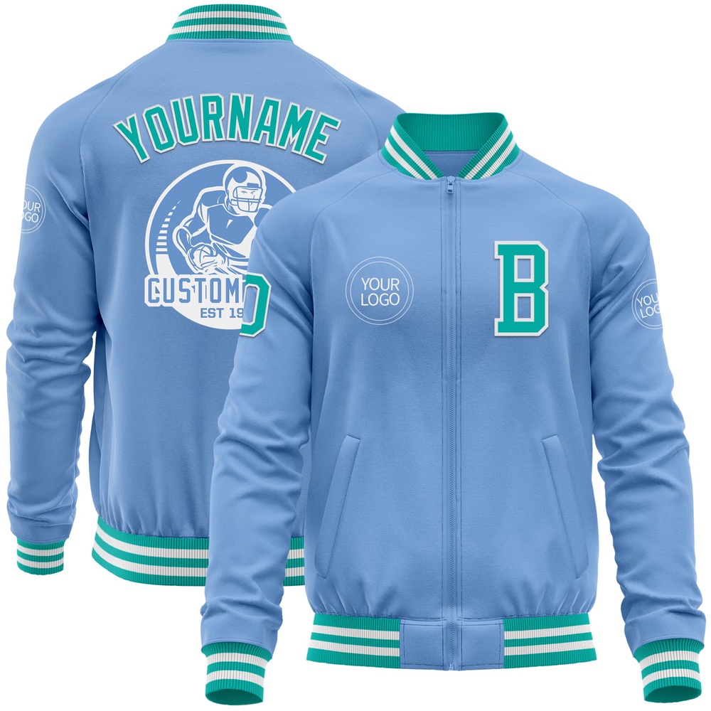 Custom Light Blue Aqua White Bomber Varsity Baseball Jacket, Custom Team Jacket