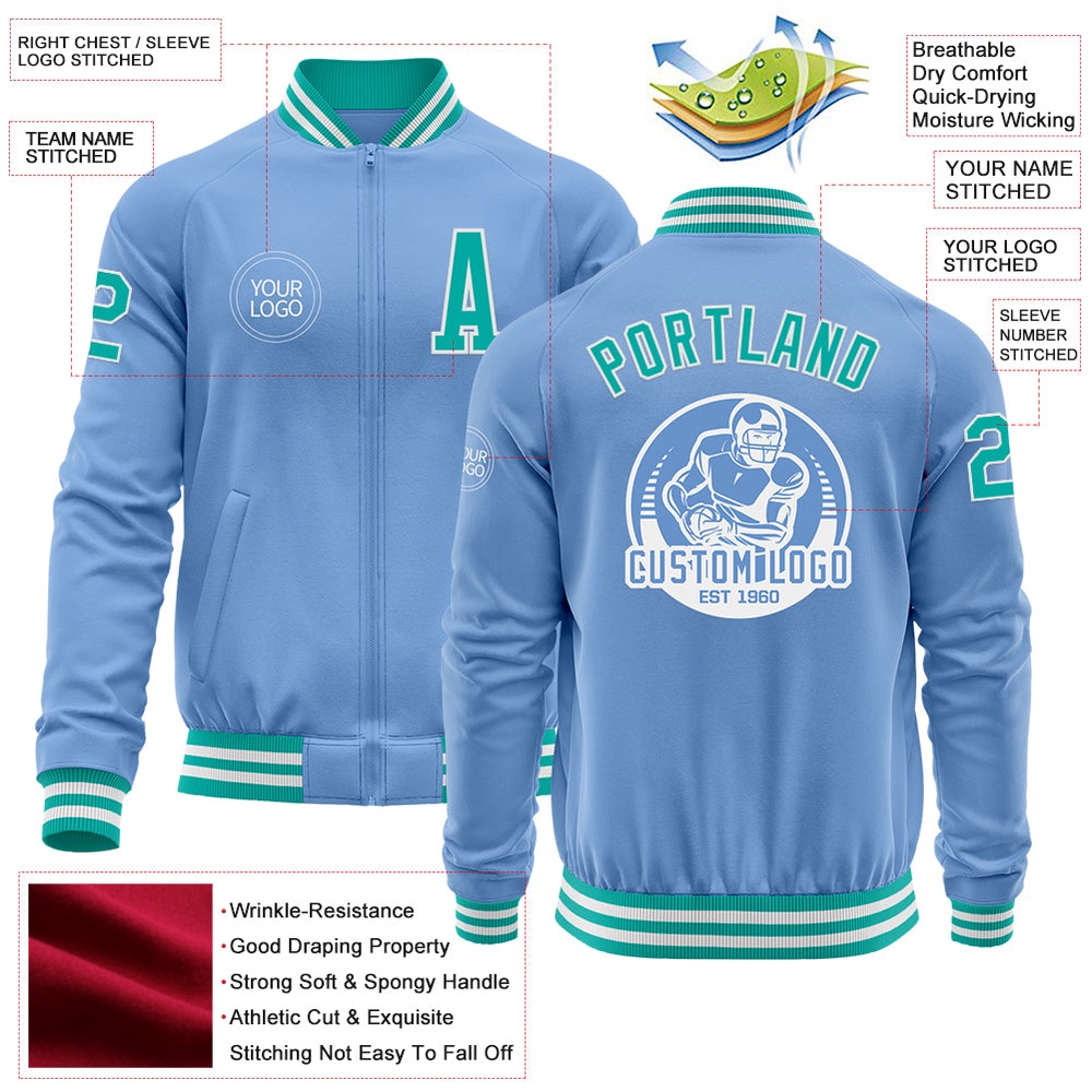 Custom Light Blue Aqua White Bomber Varsity Baseball Jacket, Custom Team Jacket