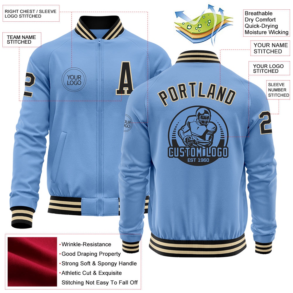 Custom Light Blue Black Cream Bomber Varsity Letterman Zipper Jacket, Custom Team Jacket Custom Light Blue Black Cream Bomber Varsity Letterman Zipper Jacket, Custom Team Jacket