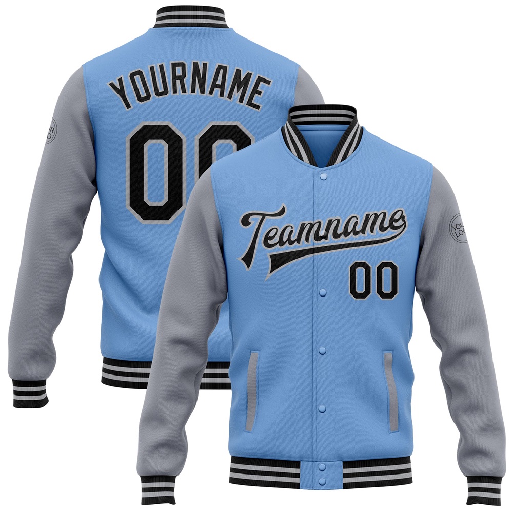 Custom Light Blue Black Gray Bomber Full Snap Varsity Baseball Jacket, Custom Team Jacket