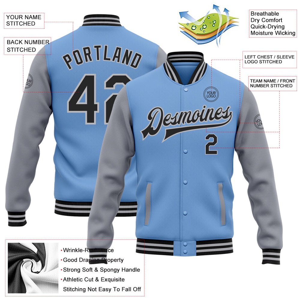 Custom Light Blue Black Gray Bomber Full Snap Varsity Baseball Jacket, Custom Team Jacket