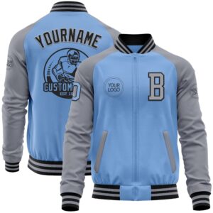 Custom Light Blue Black Gray Bomber Varsity…