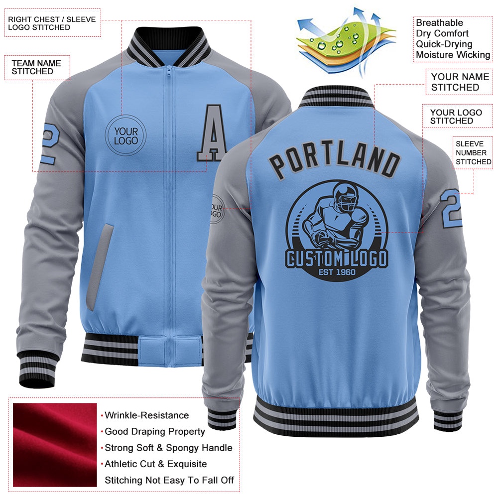 Custom Light Blue Black Gray Bomber Varsity Baseball Jacket, Custom Team Jacket Custom Light Blue Black Gray Bomber Varsity Baseball Jacket, Custom Team Jacket