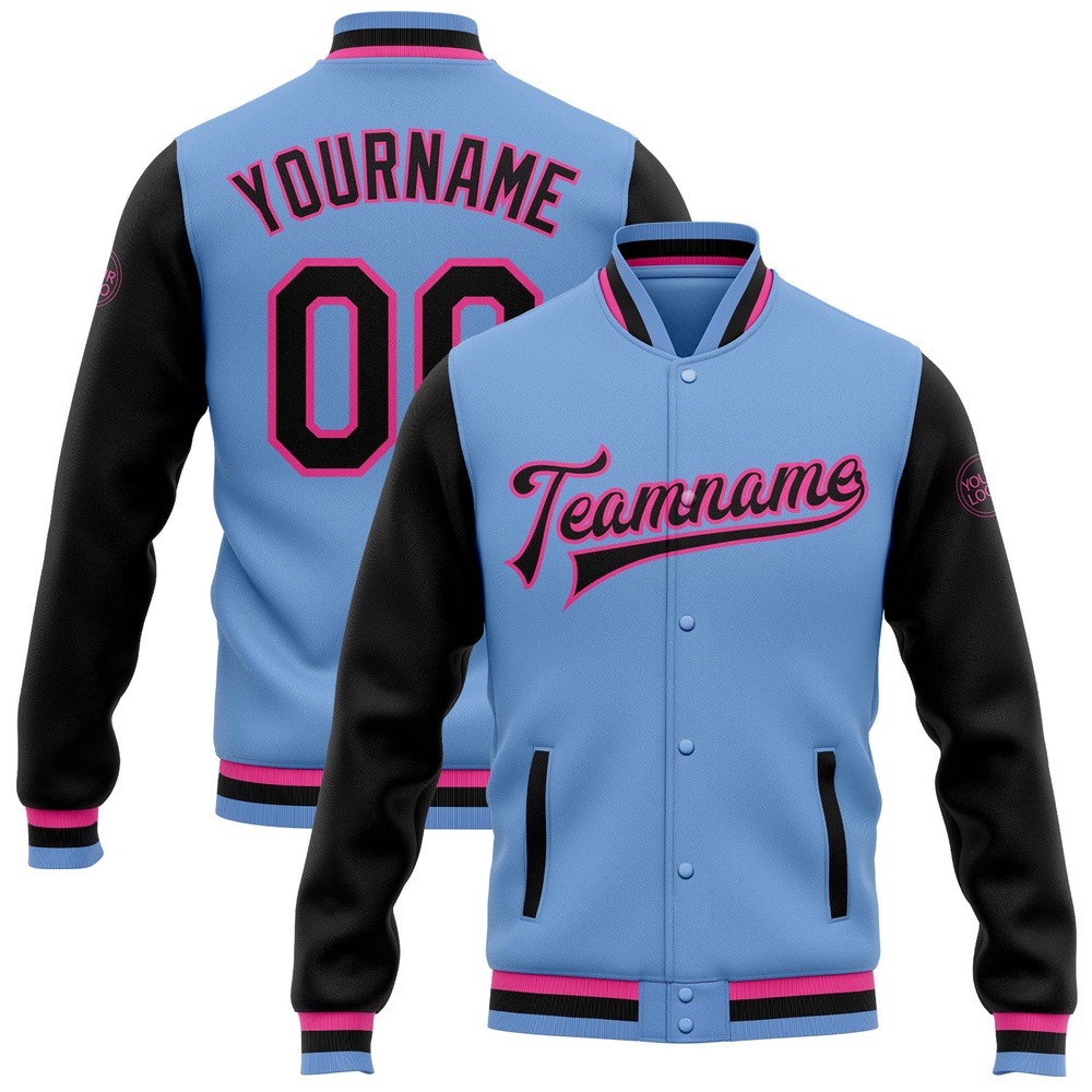 Custom Light Blue Black Pink Bomber Full Snap Varsity Baseball Jacket, Custom Team Jacket