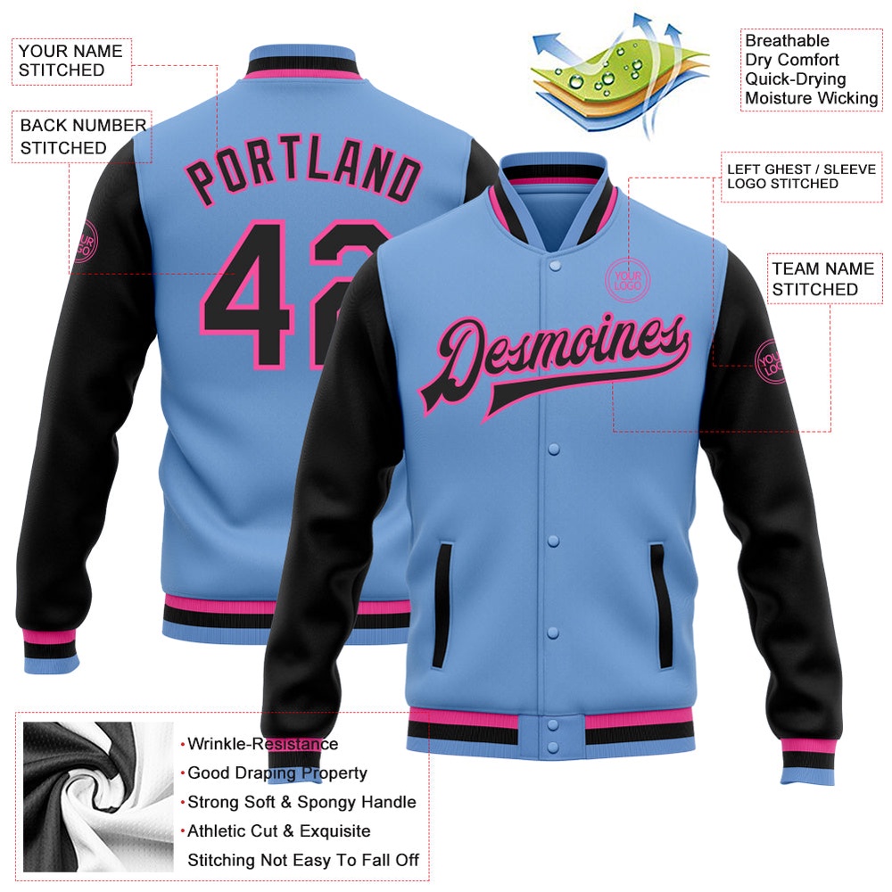 Custom Light Blue Black Pink Bomber Full Snap Varsity Baseball Jacket, Custom Team Jacket