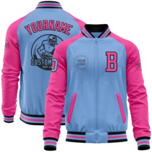 Custom Light Blue Black Pink Bomber Varsity…