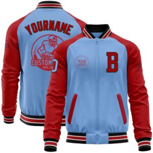 Custom Light Blue Black Red Bomber Varsity…