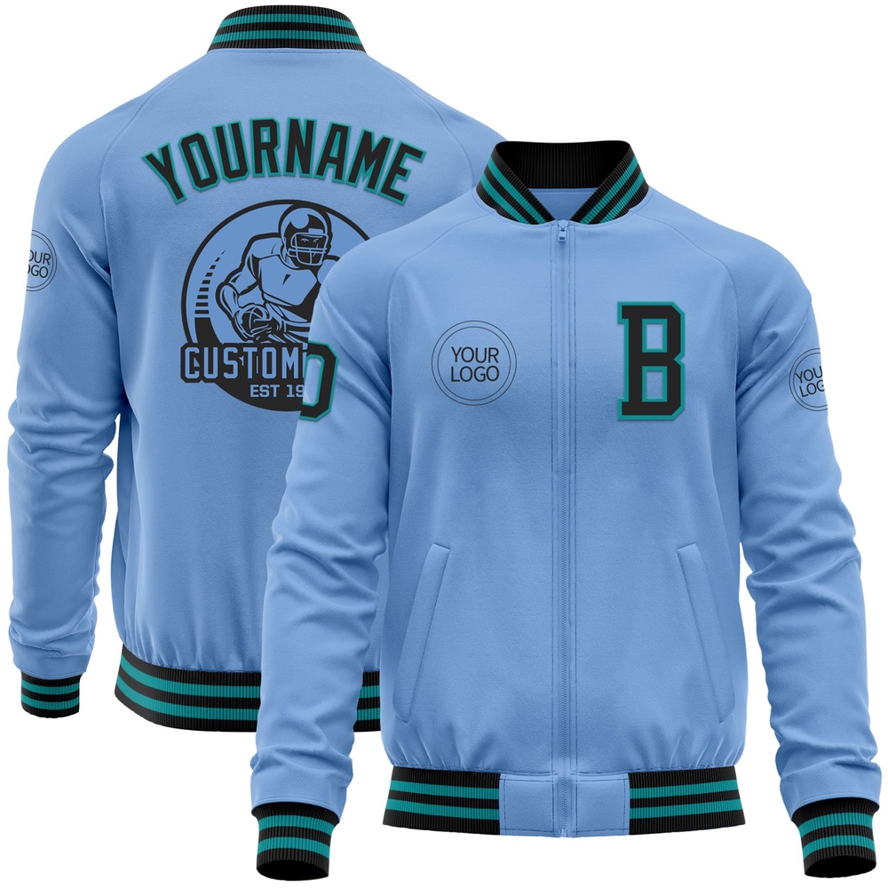 Custom Light Blue Black Teal Bomber Varsity Baseball Jacket, Custom Team Jacket