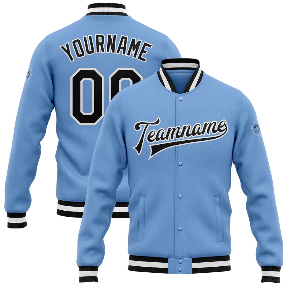 Custom Light Blue Black White Bomber Full Snap Baseball Jacket, Custom Team Jacket