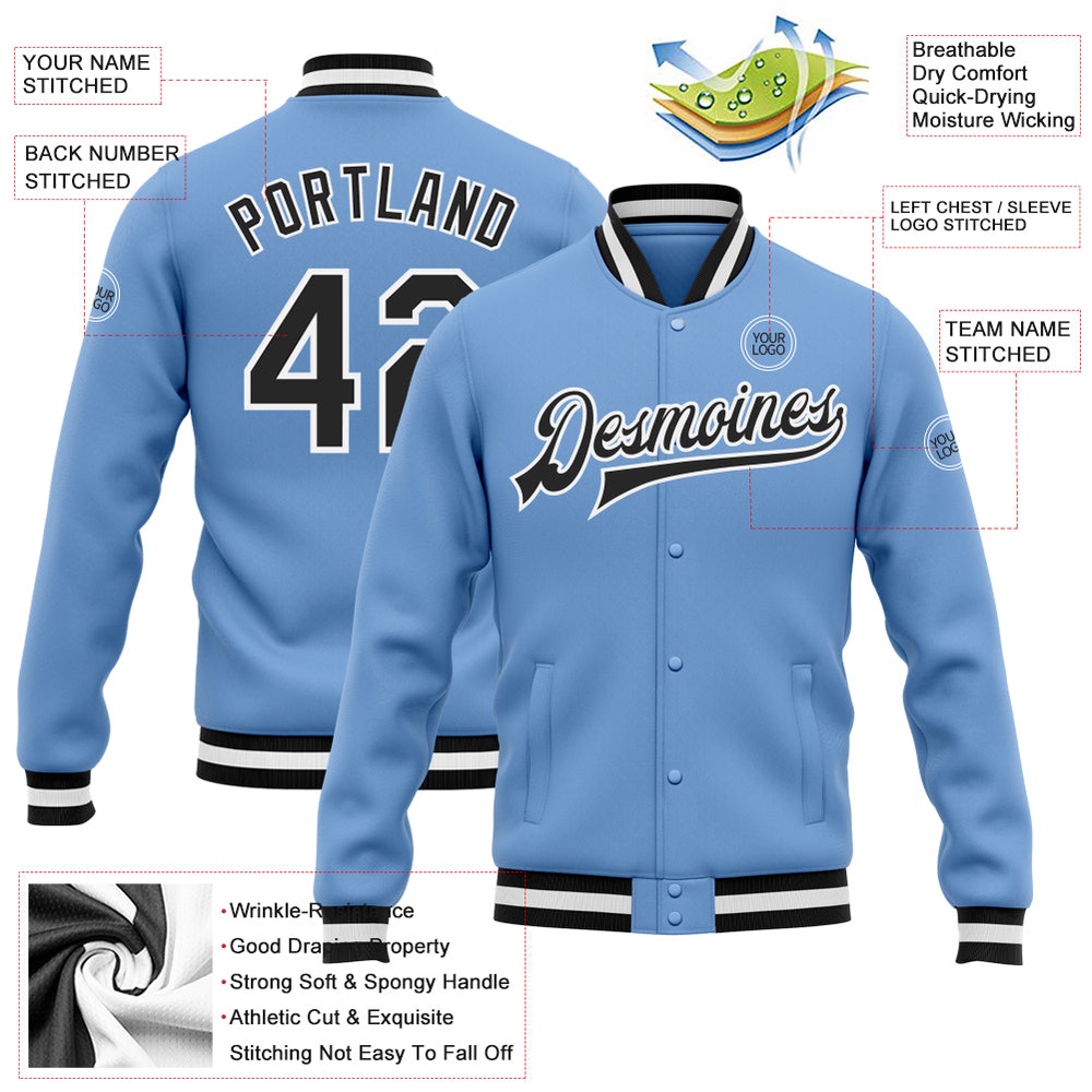 Custom Light Blue Black White Bomber Full Snap Baseball Jacket, Custom Team Jacket