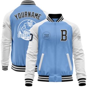 Custom Light Blue Black White Bomber Varsity…