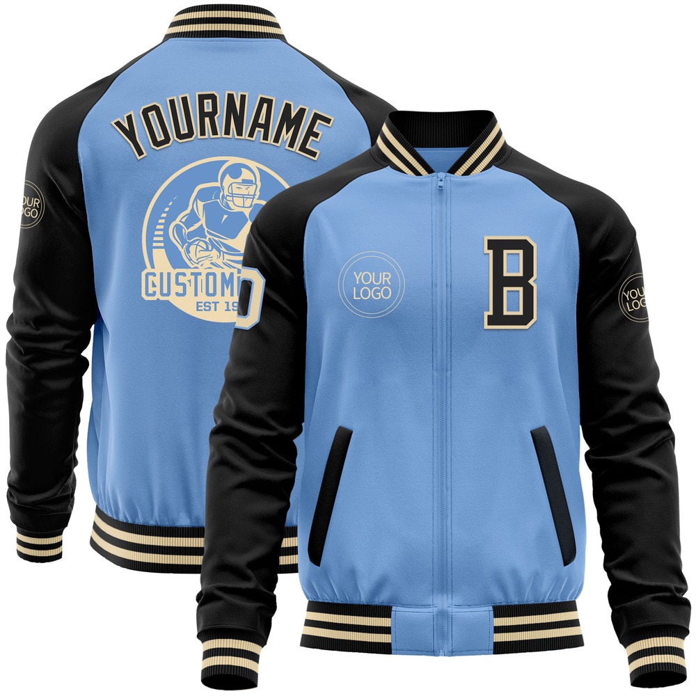 Custom Light Blue Cream Black Bomber Varsity Baseball Jacket, Custom Team Jacket Custom Light Blue Cream Black Bomber Varsity Baseball Jacket, Custom Team Jacket