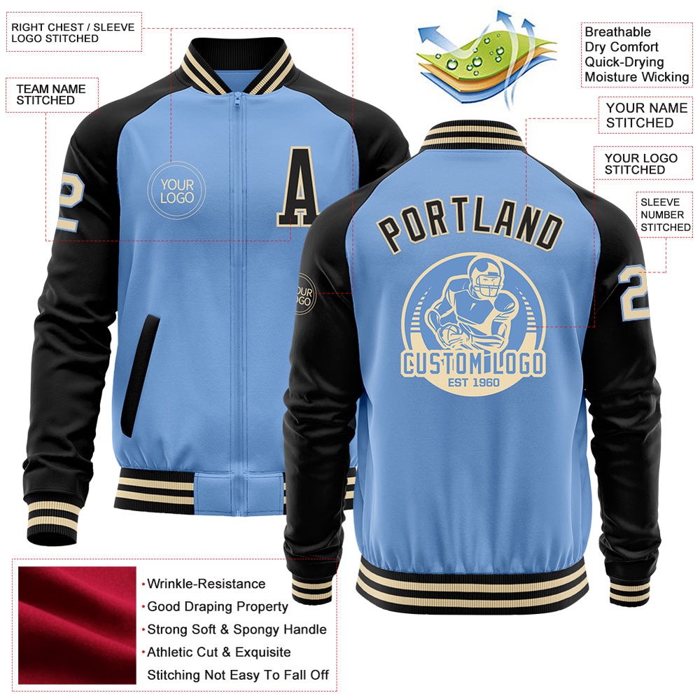 Custom Light Blue Cream Black Bomber Varsity Baseball Jacket, Custom Team Jacket Custom Light Blue Cream Black Bomber Varsity Baseball Jacket, Custom Team Jacket