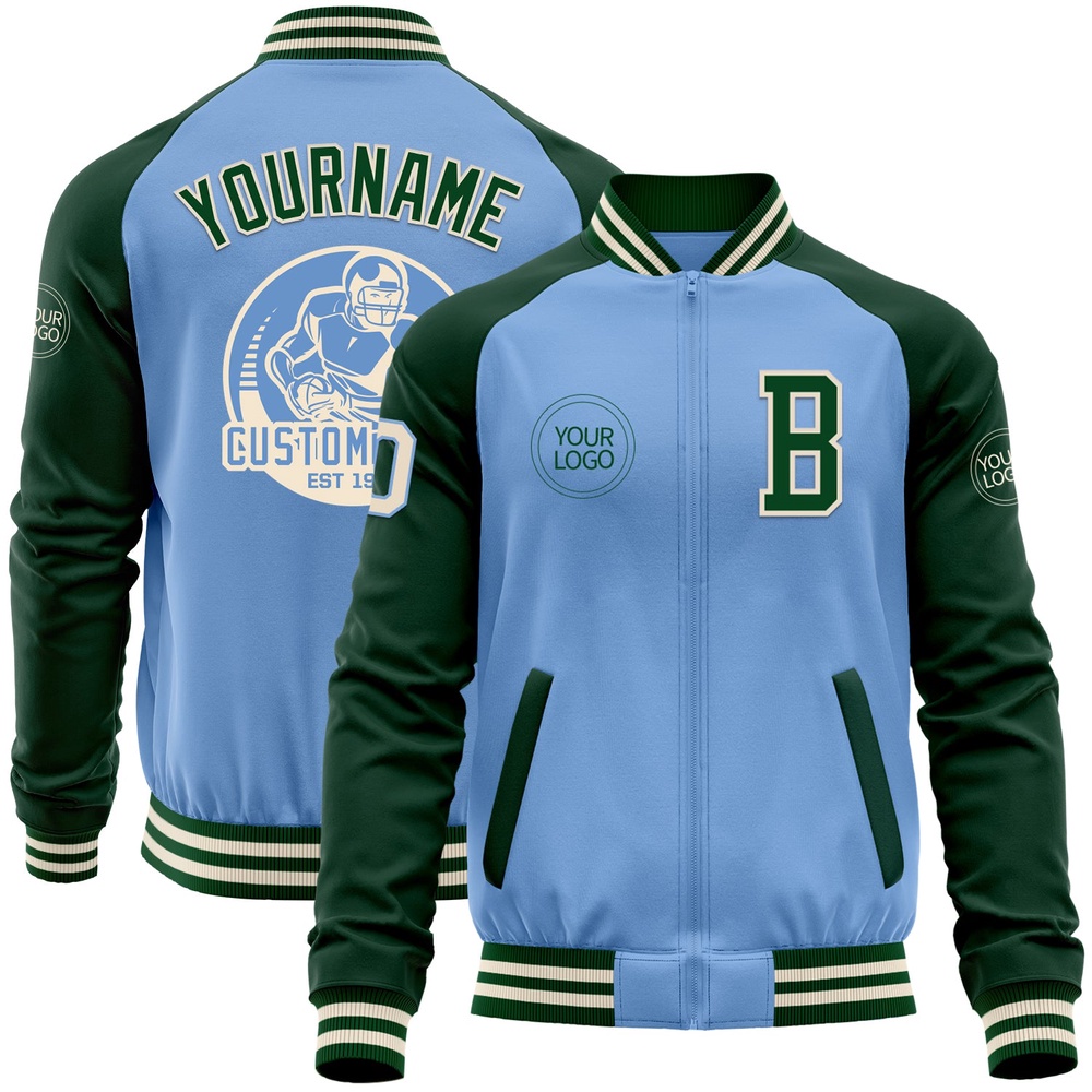 Custom Light Blue Cream Green Bomber Varsity Baseball Jacket, Custom Team Jacket Custom Light Blue Cream Green Bomber Varsity Baseball Jacket, Custom Team Jacket