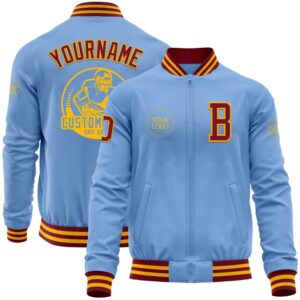 Custom Light Blue Crimson Gold Bomber Varsity…