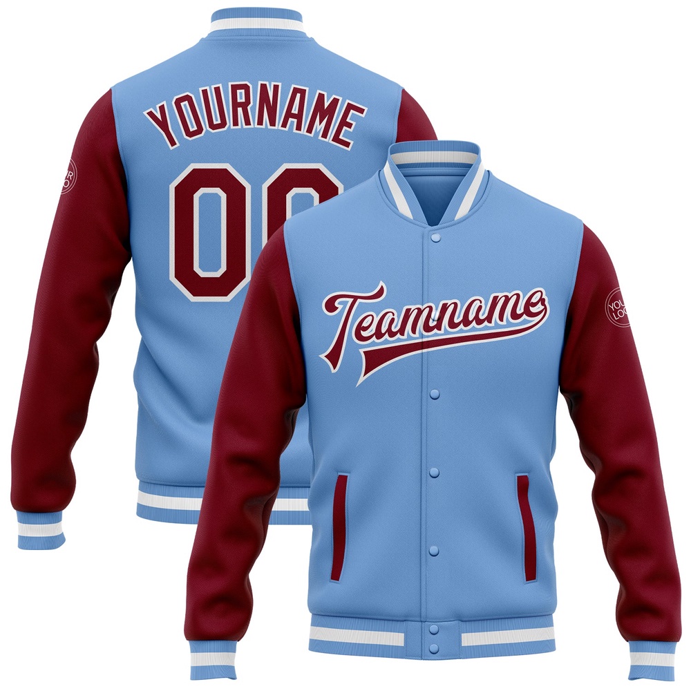 Custom Light Blue Crimson White Bomber Full Snap Varsity Baseball Jacket, Custom Team Jacket