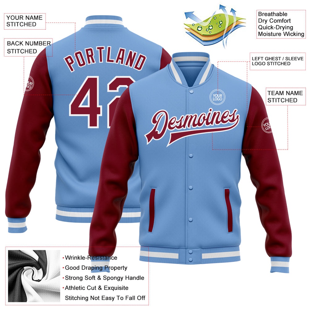 Custom Light Blue Crimson White Bomber Full Snap Varsity Baseball Jacket, Custom Team Jacket