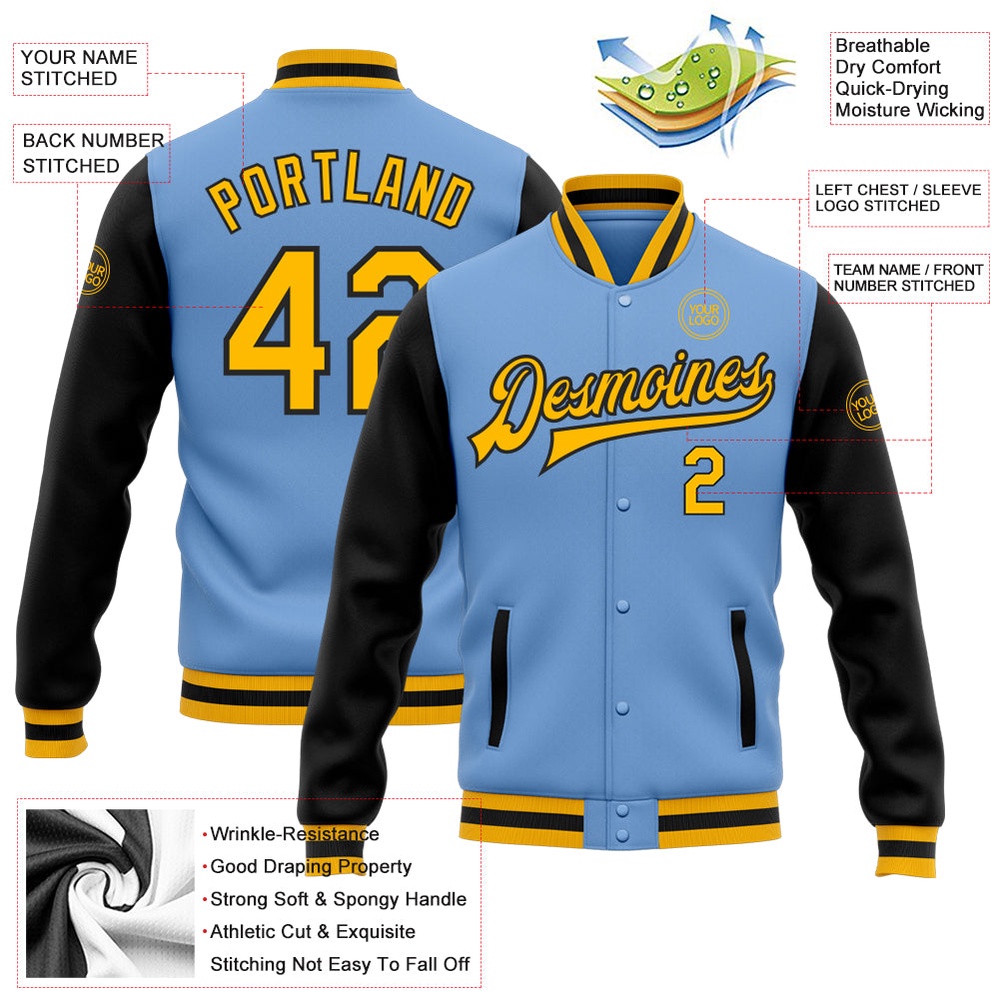 Custom Light Blue Gold Black Bomber Full Snap Varsity Baseball Jacket, Custom Team Jacket