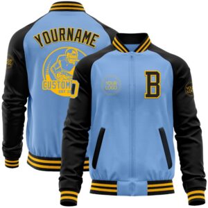 Custom Light Blue Gold Black Bomber Varsity…
