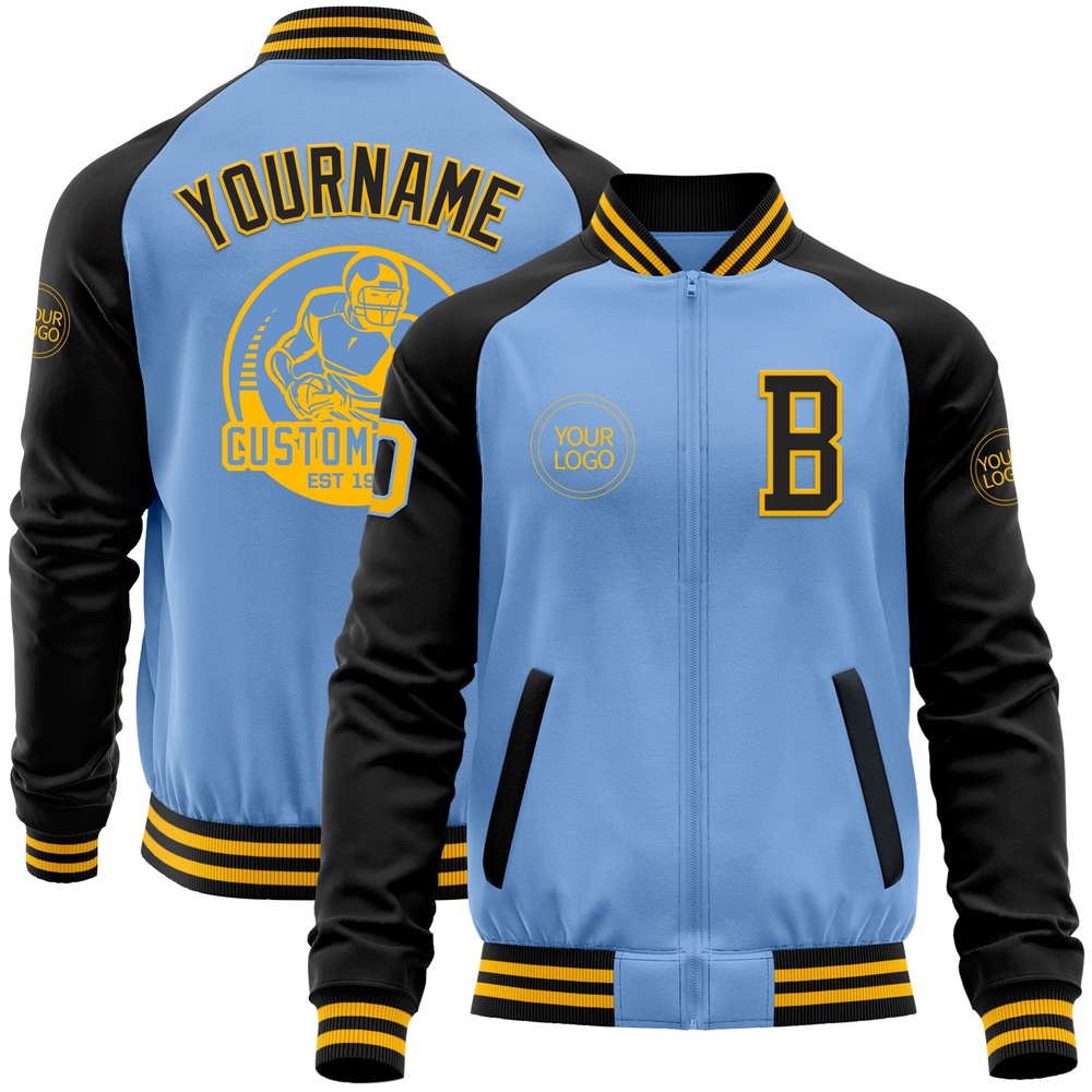 Custom Light Blue Gold Black Bomber Varsity Baseball Jacket, Custom Team Jacket