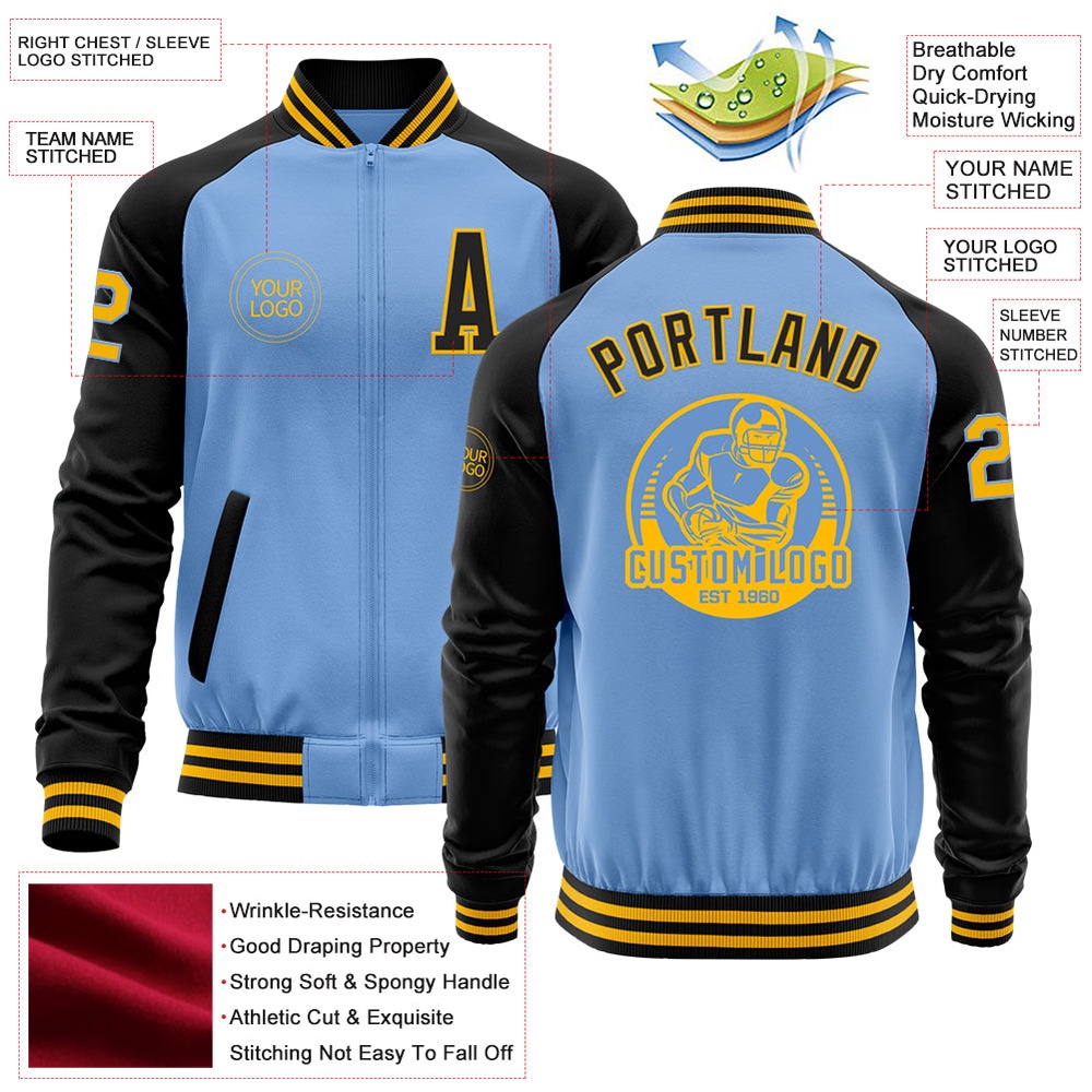 Custom Light Blue Gold Black Bomber Varsity Baseball Jacket, Custom Team Jacket