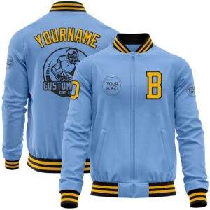 Custom Light Blue Gold Black Bomber Varsity…