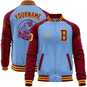 Custom Light Blue Gold Crimson Bomber Varsity…