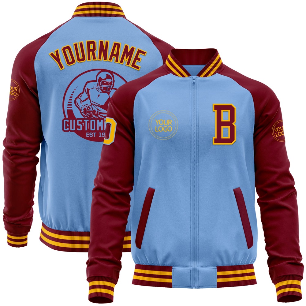 Custom Light Blue Gold Crimson Bomber Varsity Baseball Jacket, Custom Team Jacket