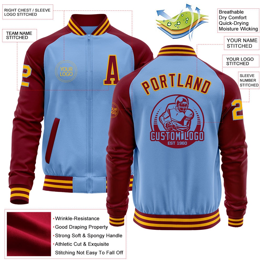 Custom Light Blue Gold Crimson Bomber Varsity Baseball Jacket, Custom Team Jacket