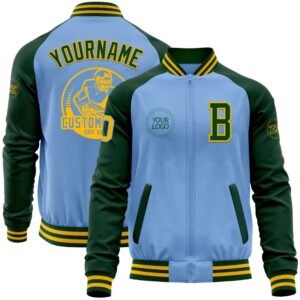 Custom Light Blue Gold Green Bomber Varsity…