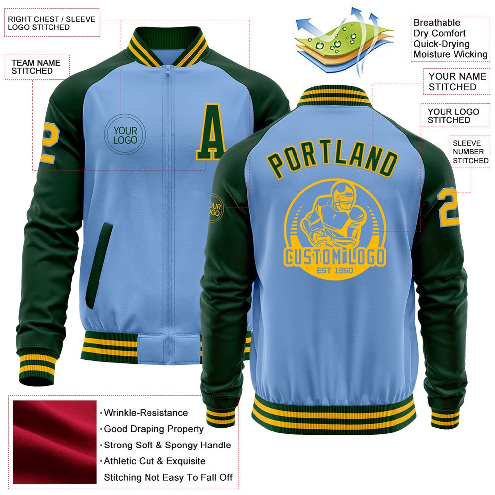 Custom Light Blue Gold Green Bomber Varsity Baseball Jacket, Custom Team Jacket