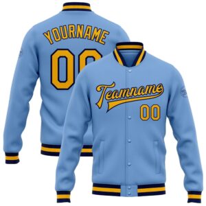 Custom Light Blue Gold Navy Bomber Full…