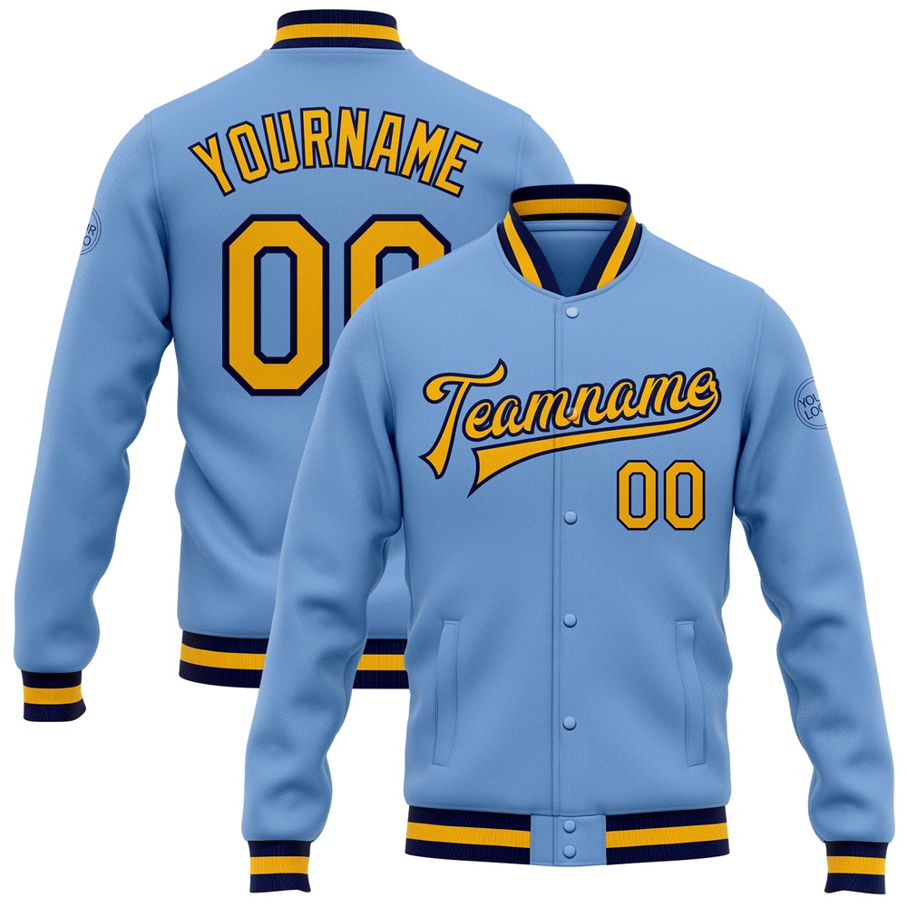 Custom Light Blue Gold Navy Bomber Full Snap Baseball Jacket, Custom Team Jacket Custom Light Blue Gold Navy Bomber Full Snap Baseball Jacket, Custom Team Jacket