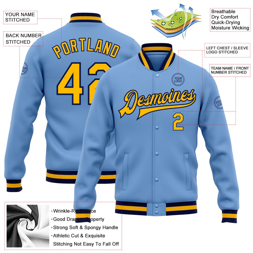 Custom Light Blue Gold Navy Bomber Full Snap Baseball Jacket, Custom Team Jacket Custom Light Blue Gold Navy Bomber Full Snap Baseball Jacket, Custom Team Jacket