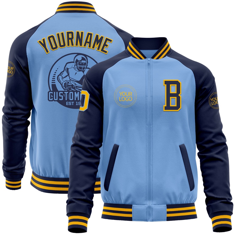 Custom Light Blue Gold Navy Bomber Varsity Baseball Jacket, Custom Team Jacket Custom Light Blue Gold Navy Bomber Varsity Baseball Jacket, Custom Team Jacket