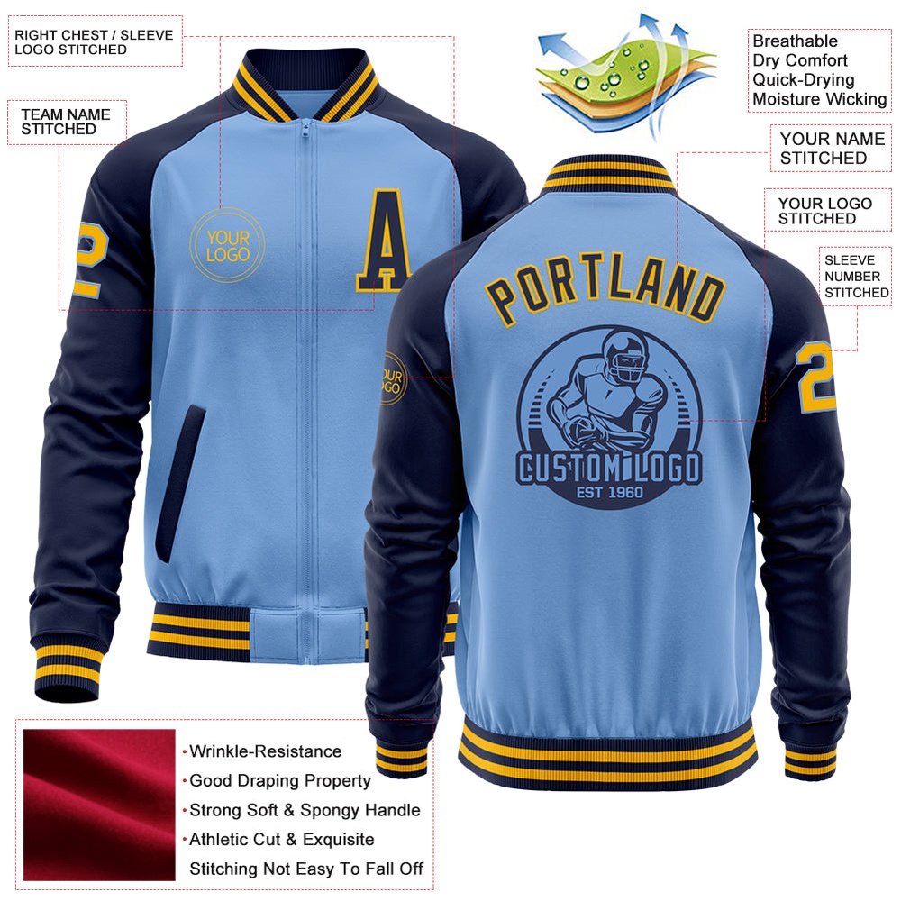 Custom Light Blue Gold Navy Bomber Varsity Baseball Jacket, Custom Team Jacket Custom Light Blue Gold Navy Bomber Varsity Baseball Jacket, Custom Team Jacket