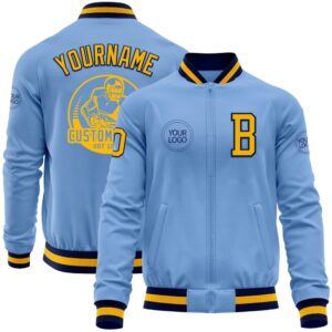 Custom Light Blue Gold Navy Bomber Varsity…