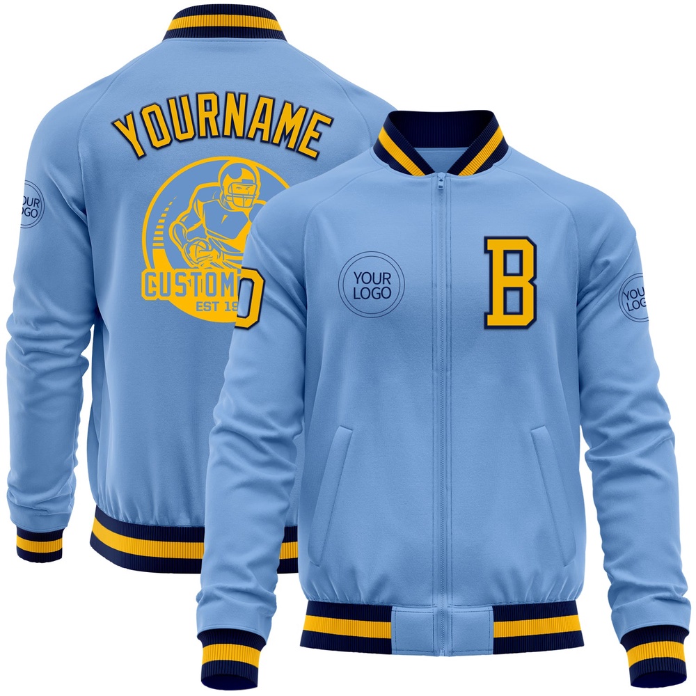 Custom Light Blue Gold Navy Bomber Varsity Letterman Zipper Jacket, Custom Team Jacket