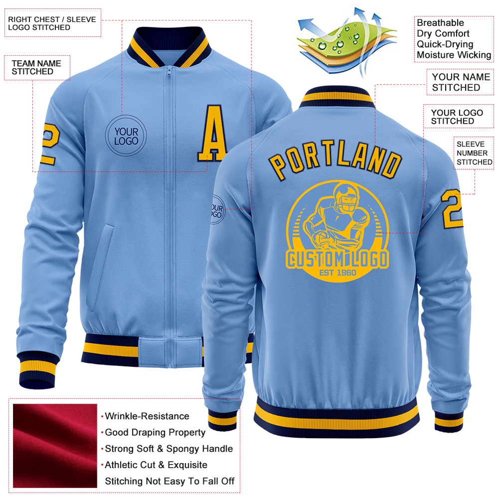Custom Light Blue Gold Navy Bomber Varsity Letterman Zipper Jacket, Custom Team Jacket