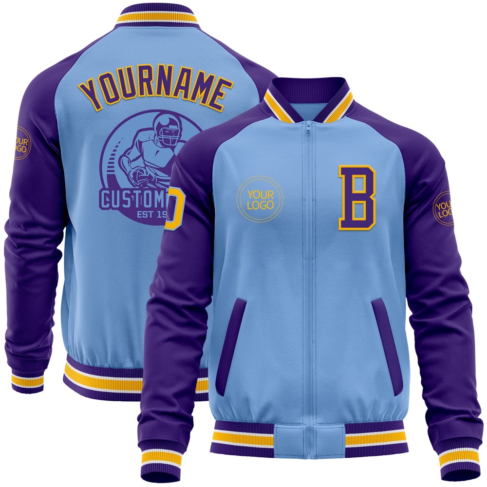 Custom Light Blue Gold Purple Bomber Varsity Baseball Jacket, Custom Team Jacket