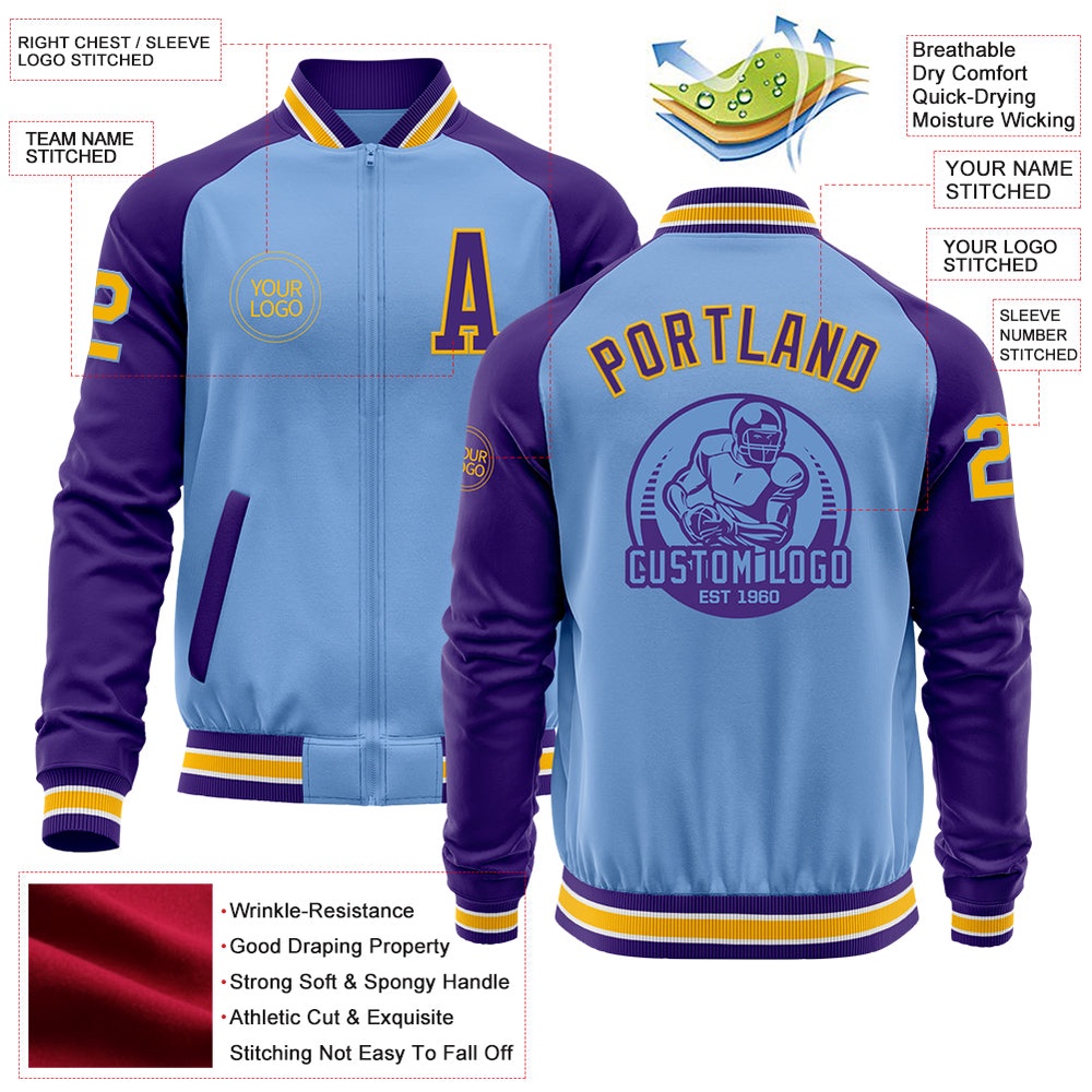 Custom Light Blue Gold Purple Bomber Varsity Baseball Jacket, Custom Team Jacket