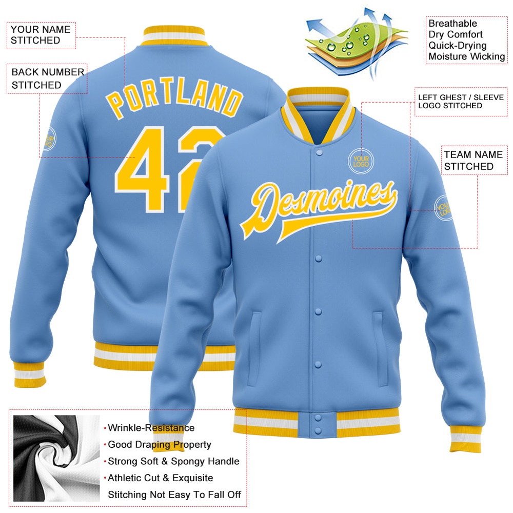 Custom Light Blue Gold White Bomber Full Snap Baseball Jacket, Custom Team Jacket