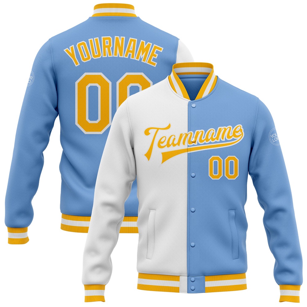 Custom Light Blue Gold White Bomber Full Snap Varsity Letterman Split Fashion Jacket, Custom Team Jacket
