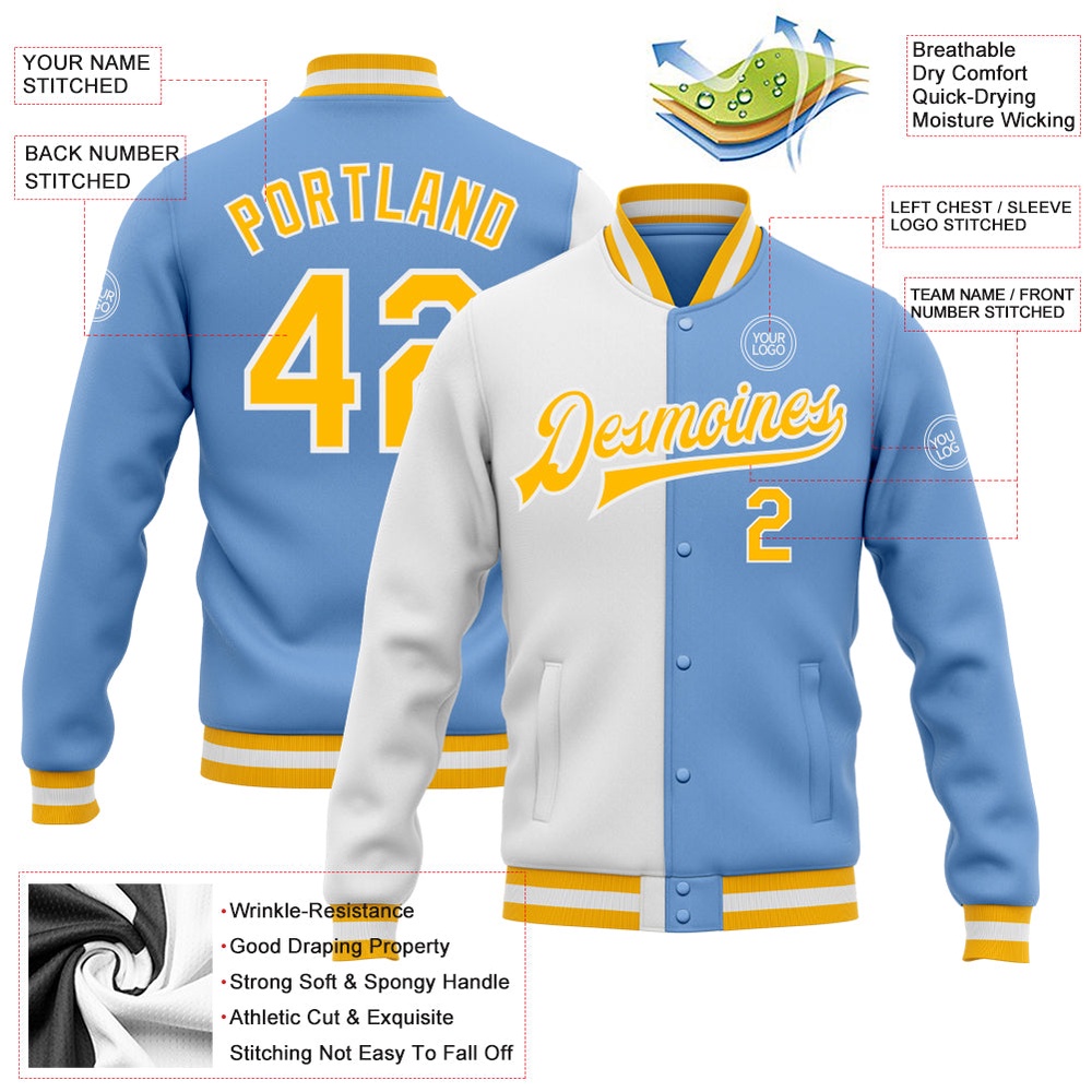 Custom Light Blue Gold White Bomber Full Snap Varsity Letterman Split Fashion Jacket, Custom Team Jacket