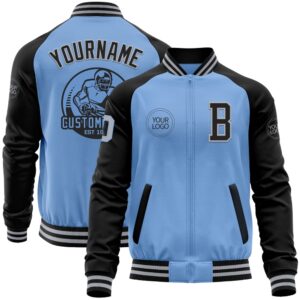 Custom Light Blue Gray Black Bomber Varsity…